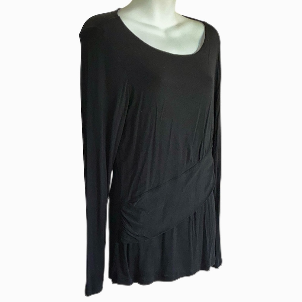 CABI top Women's M, Black, ruched diagonal waist-to-hip band, Long Sleeves. EUC